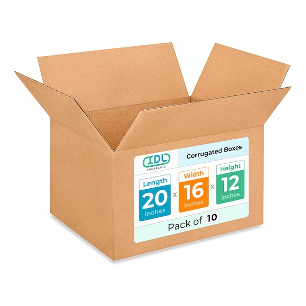 Idl Packaging 20 in x 16 in x 12 in Shipping Box, Kraft, Corrugate, Single Wall, 200#, 10 PK B-201612-10 - main